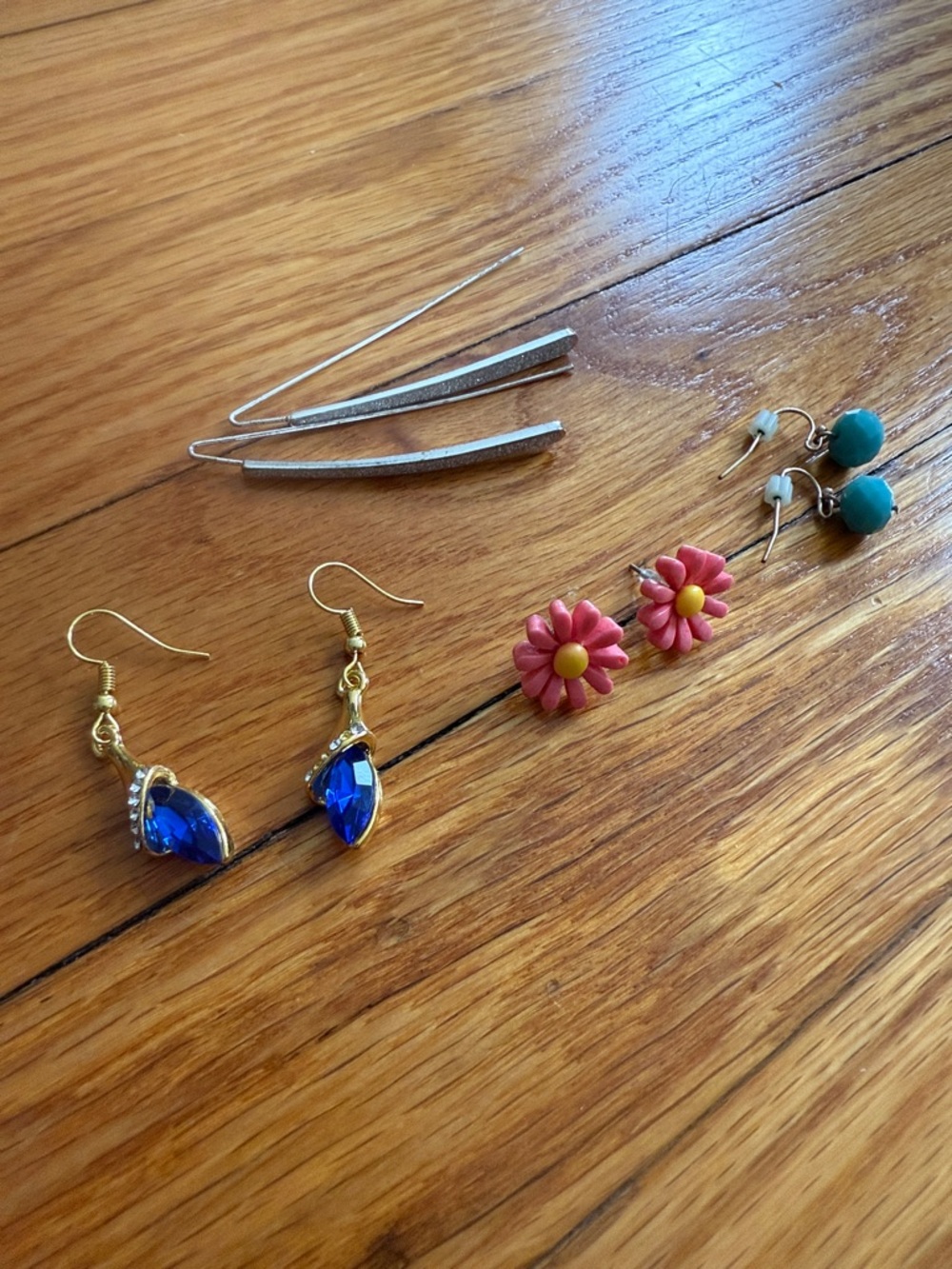 Colorful Mixed Earring Set — Blue Crystal, Pink Daisy, Teal Studs & Silver Bars